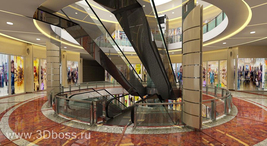 Дизайн интерьера атриума с эскалаторами в торговом центре.